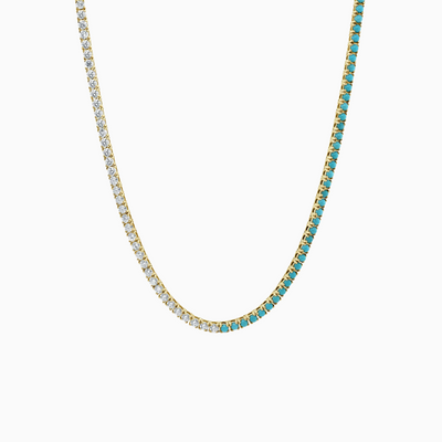  Gold Diamond & Turquoise Tennis Necklace, half strand of each!  14kt Yellow Gold Natural Diamond Weight: 3.60 ct. Natural Turquoise Weight: 3.20 ct. Necklace Length: 16 inches