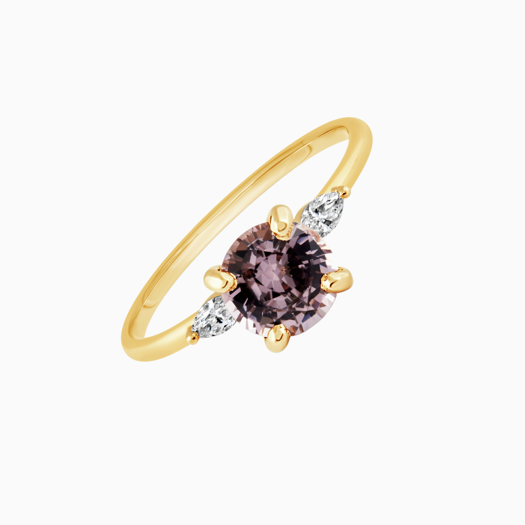 Pinky Purple Spinel & Diamonds  1.12 CT Round Pink/Purple Spinel 0.10 CTW Natural Marquise Side Diamonds 18k Yellow Gold