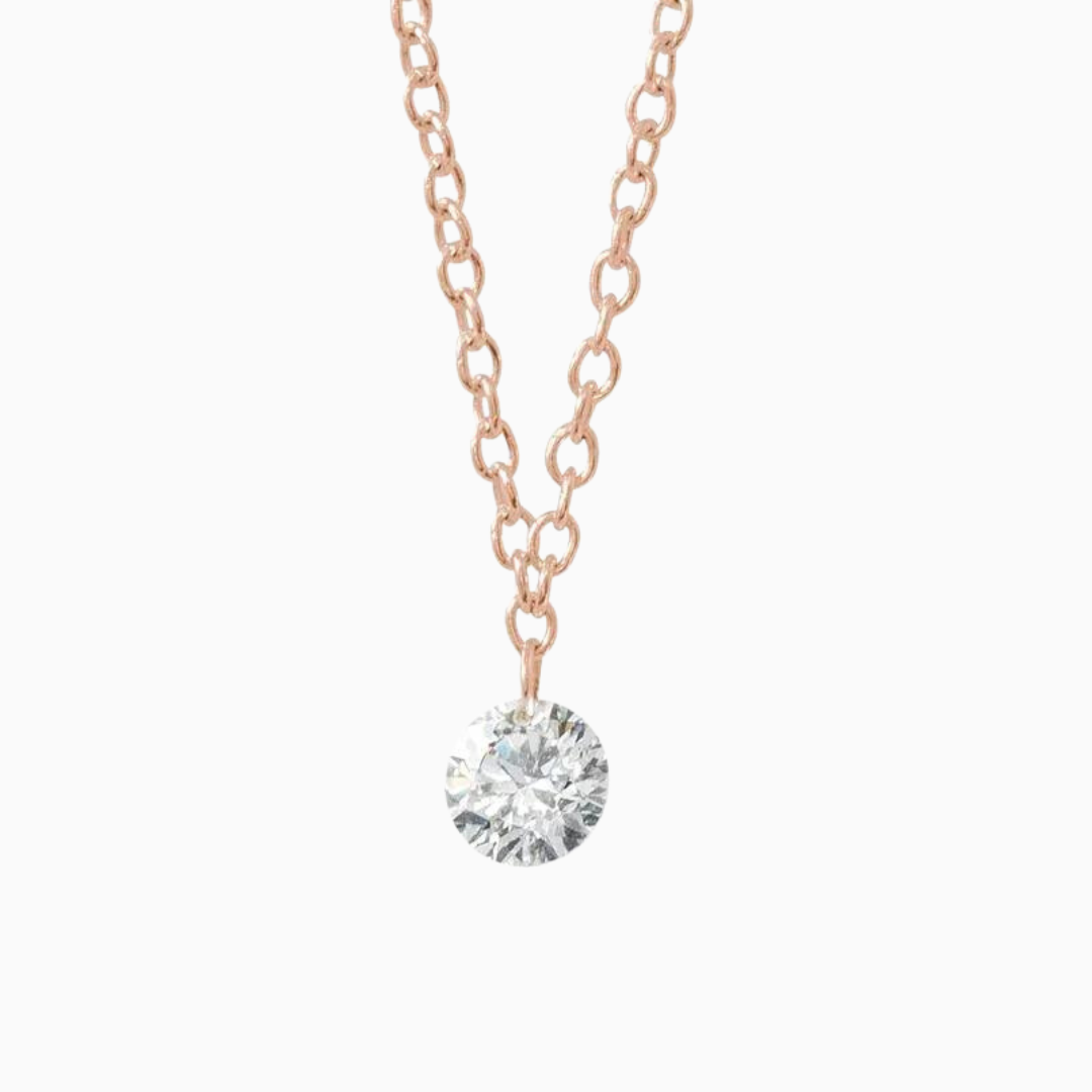 Floating Diamond Necklace 16" length 14K yellow gold chain 1/6 ct drilled natural diamond solitaire