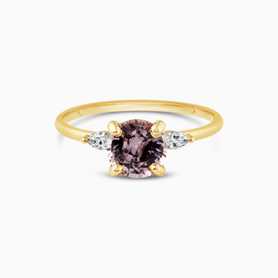 Pinky Purple Spinel & Diamonds  1.12 CT Round Pink/Purple Spinel 0.10 CTW Natural Marquise Side Diamonds 18k Yellow Gold