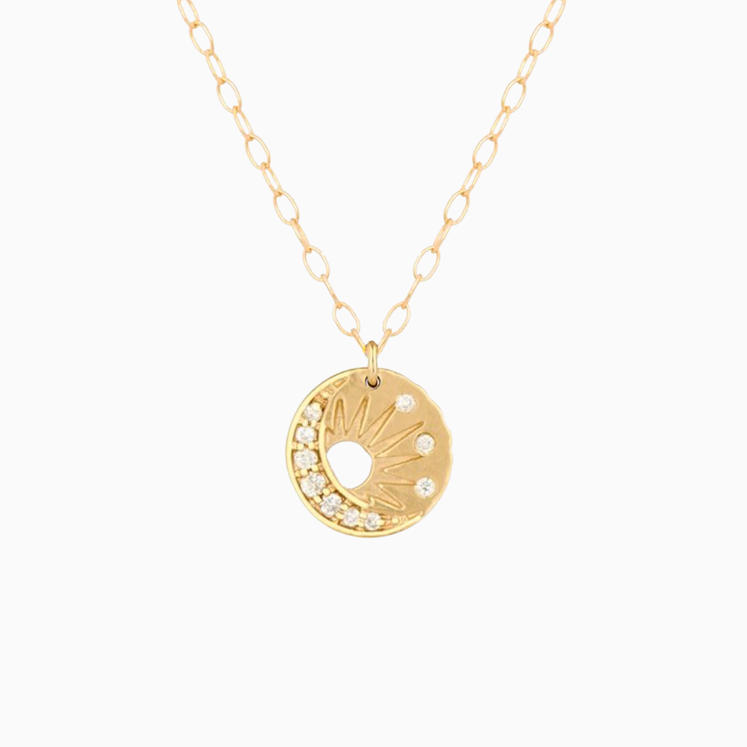 Little Sun & Moon Medal Necklace  necklace is 15.75" 14k yellow gold pendant is approx 1/3" -from Celine D'Aoust