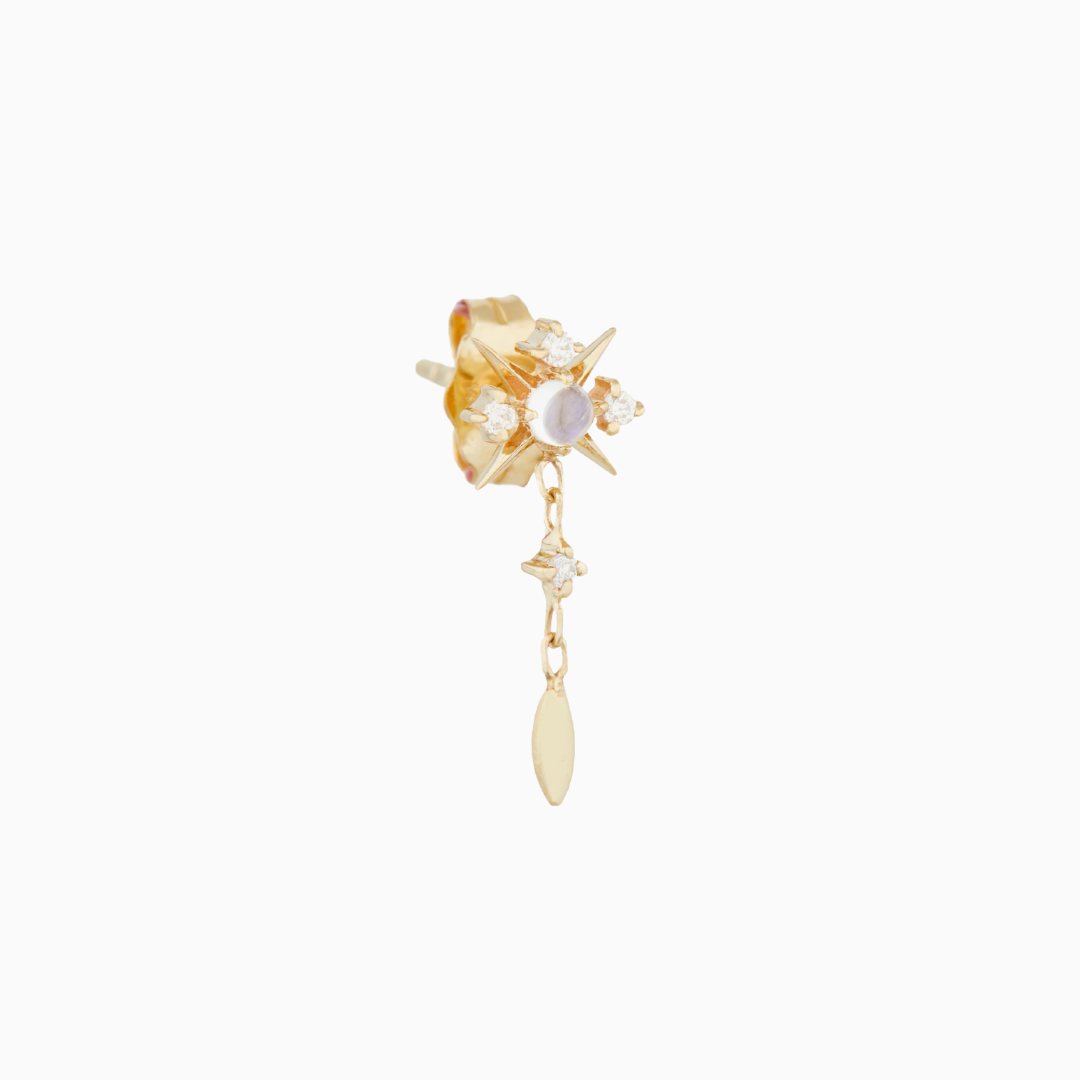 Moonstone & Diamonds Starburst Single Earring  14k light yellow gold sold as a single earring, approx 2 cm long 0.02 CTW natural diamonds 0.05 CT natural moonstone -from Celine D'Aoust