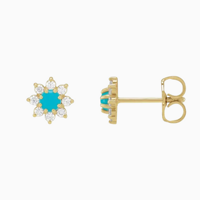 14k gold diamond & natural turquoise studs. 1/8 CTW natural diamonds. Available in yellow, white or rose gold.