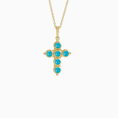 14k Gold & Natural Turquoise Cross, 25.95mm x 14.31 mm.  All proceeds for this necklace are donated to Latter-Day Saint Charities -a charity that provides aid to people around the world without regard to cultural or religious affiliation. Key projects include: emergency response, vision care, maternal & newborn care, wheelchairs, clean water, immunization & food initiatives. Read more about LDS Charities here.