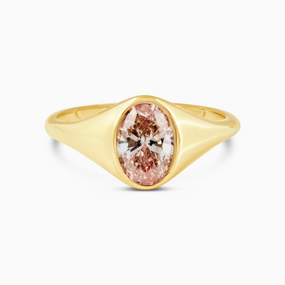 Pink Diamond Oval Signet Ring  1.10 CT Oval VS1, Fancy Orangey Pink Lab-Grown 18k Yellow Gold