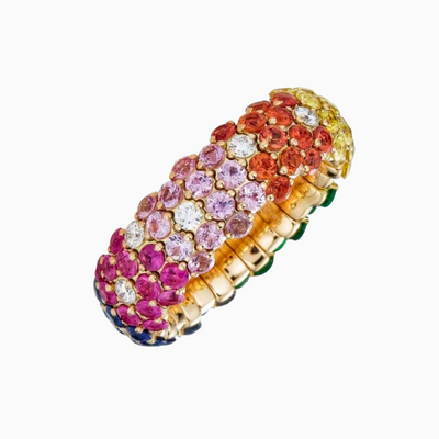 Rainbow Sapphires Ring in 18k Yellow Gold with Round Diamonds on a strong patented stretch cord. 