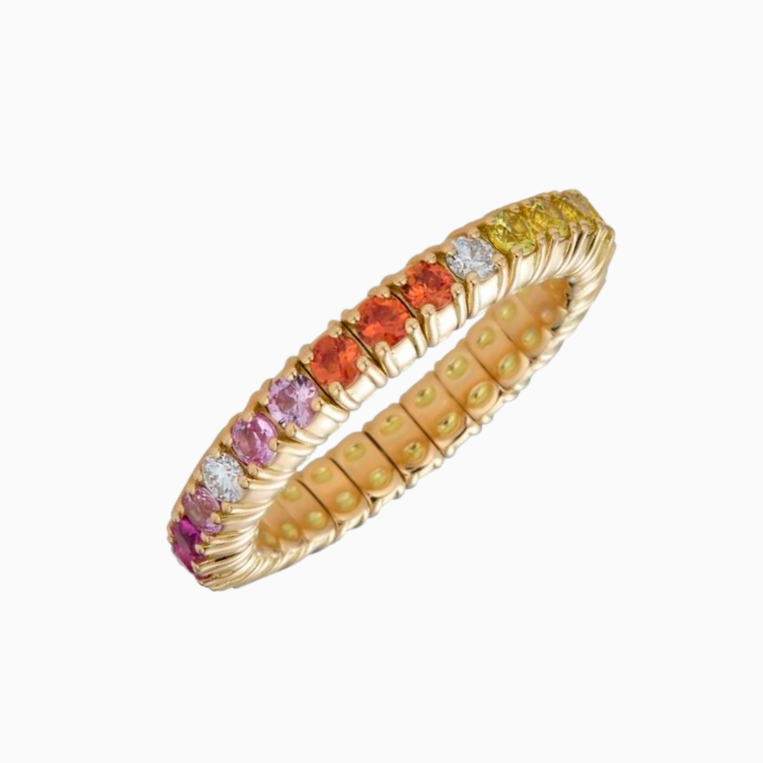 Rainbow Sapphires Ring in 18k Yellow Gold with Round Diamonds on a strong patented stretch cord. 