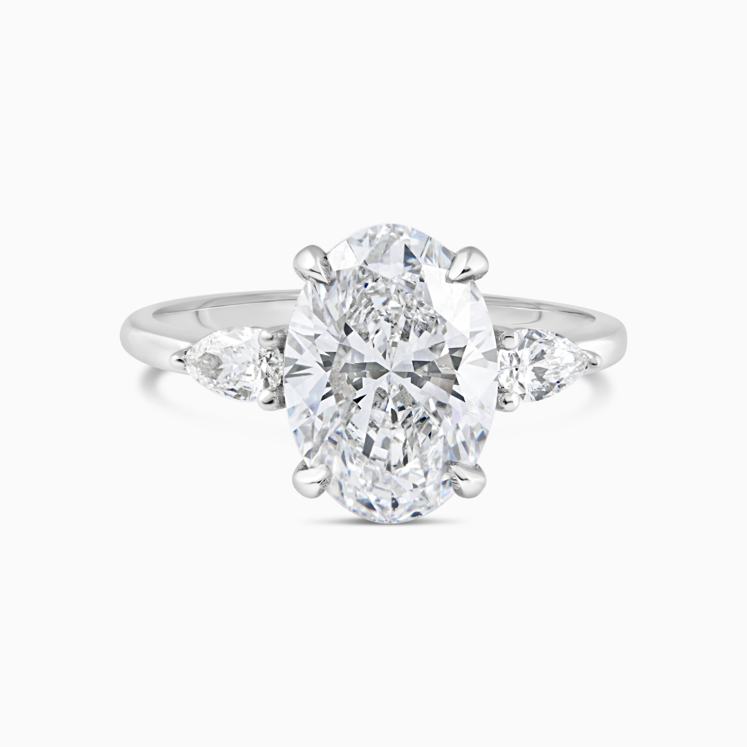  Oval & Pears Diamond Ring  2.82 CT Oval D VS2 18k White Gold 0.15 CT Side Pear Lab-Grown Diamonds