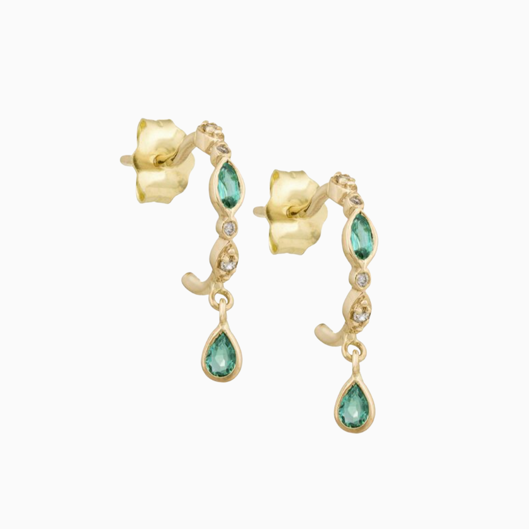 Emeralds and Diamond Hoop Earrings from Celine D'Aoust  14k light yellow gold 0.03 CTW natural diamonds 0.20 CTW natural emeralds sold as a pair approx 1.5 cm long