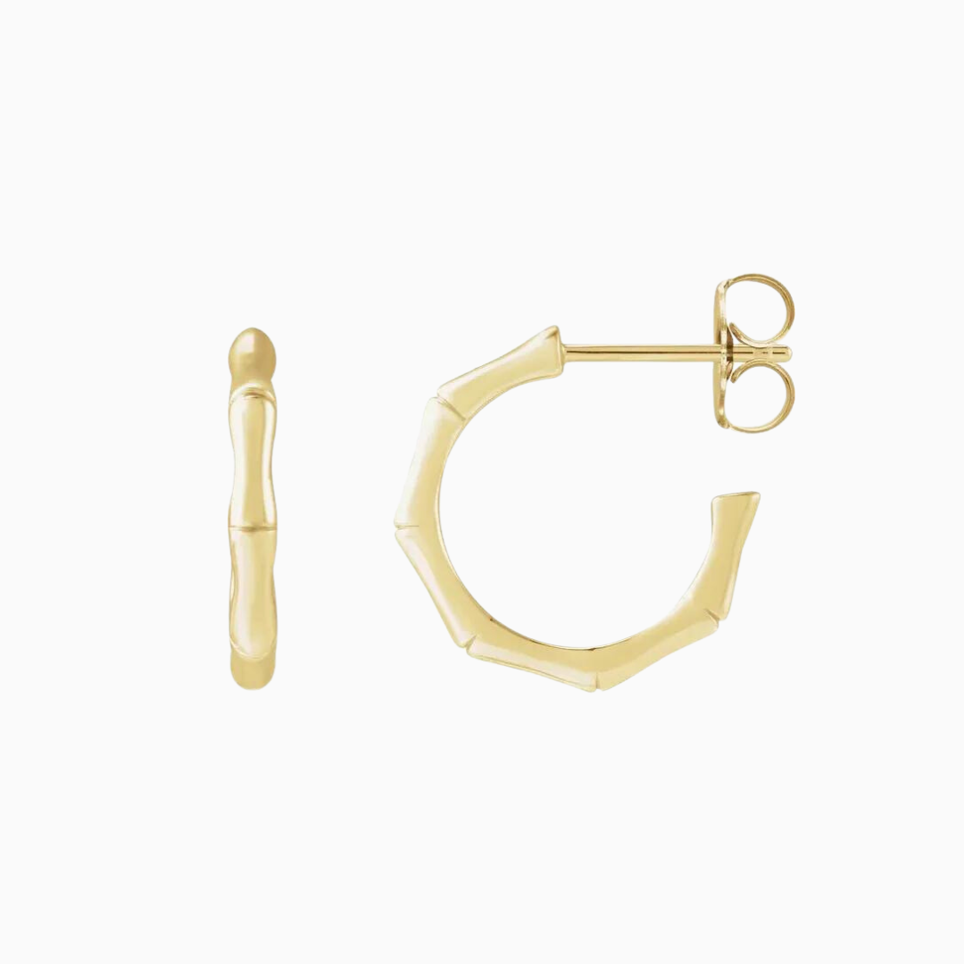 14k Gold Bamboo Hoop Earrings, 15mm.