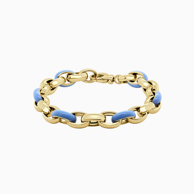 This 14K gold bracelet alternates gold and blue enamel links and extends 7" in length.