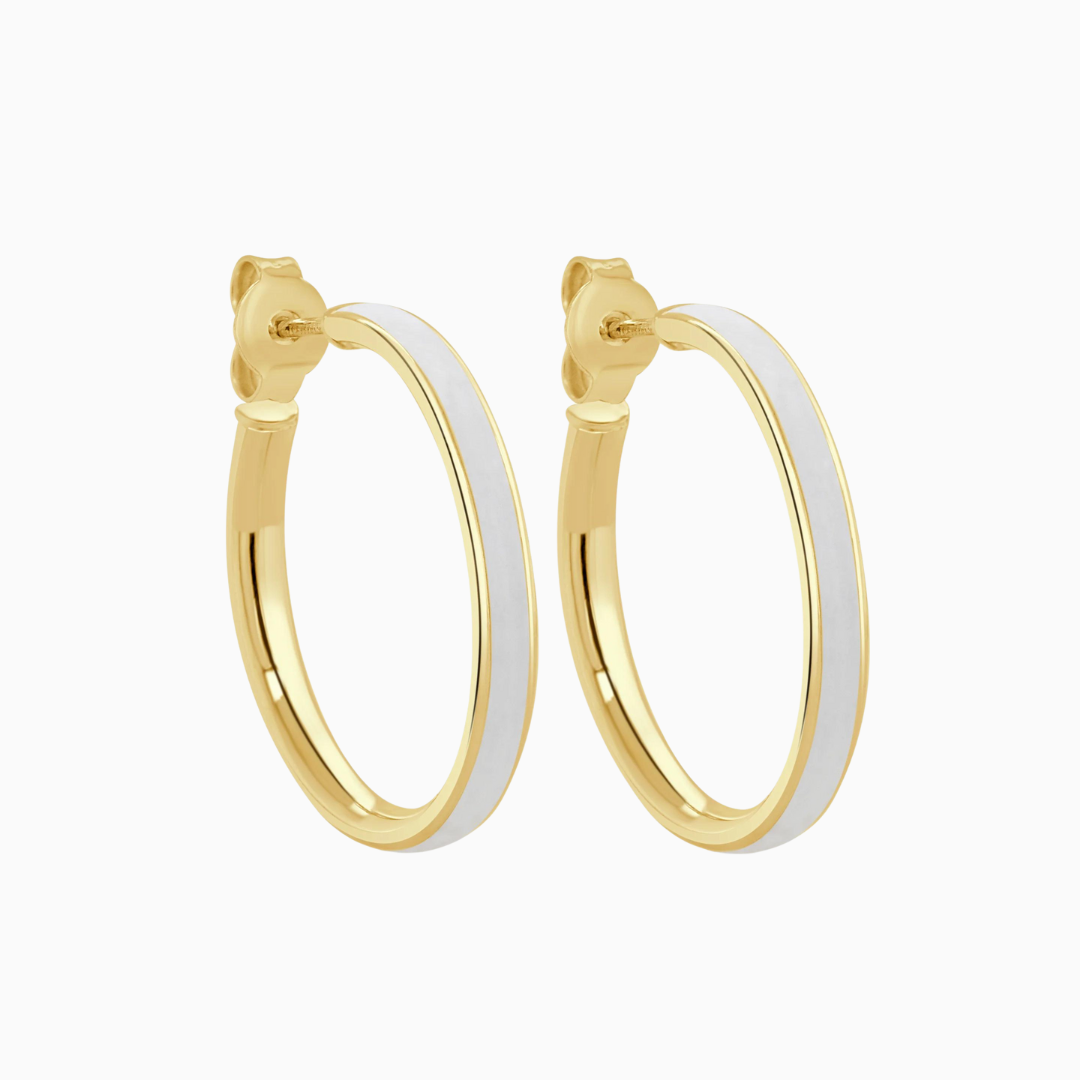 Gold & White Enamel Open Hoop Earrings  Made In Italy 14k Yellow Gold 1" length