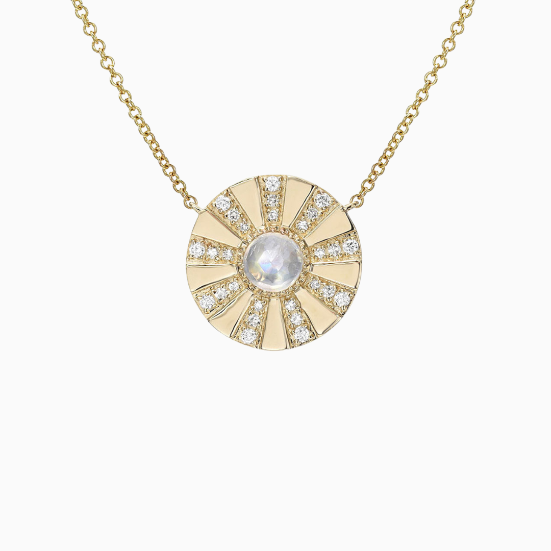 Rainbow Moonstone Sun Rays Necklace 16-18" adjustable chain 0.50 ct approx rose cut rainbow moonstone 0.17 ctw natural diamonds