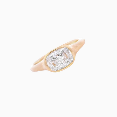Gold ring with a diamond on a white background