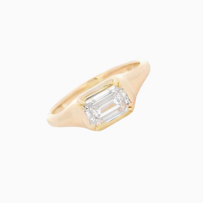 Gold ring with a rectangular diamond on a white background