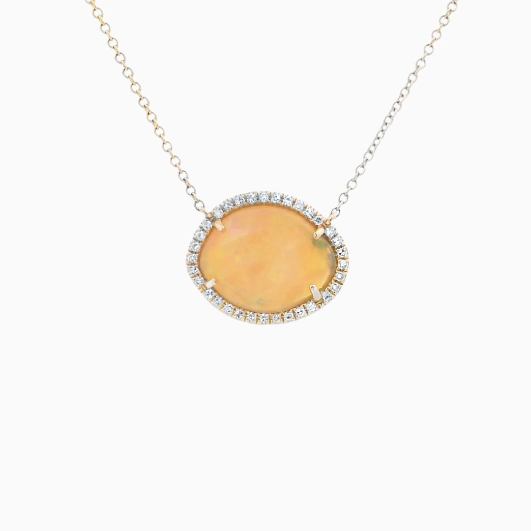 Peachy Green Opal with Diamond Halo Necklace