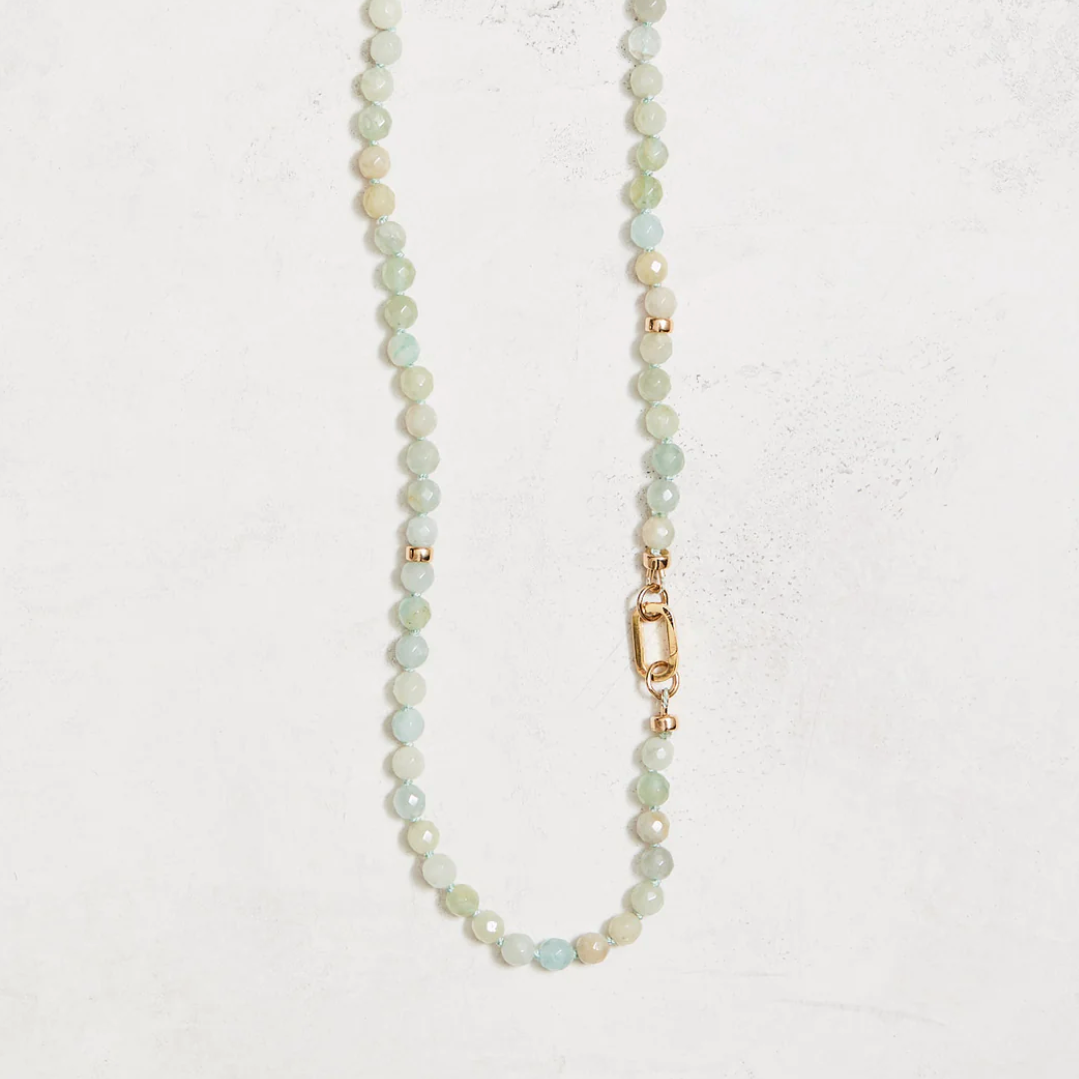 18" natural greenish blue aquamarine necklace, hand-knotted on hand-dyed silk, with gold-filled findings and elongated clasp. Handmade by Nicole Gerulat.