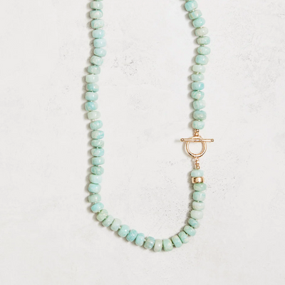 18" natural greenish blue aquamarine necklace, hand-knotted on hand-dyed silk, with gold-filled findings and elongated clasp. Handmade by Nicole Gerulat.