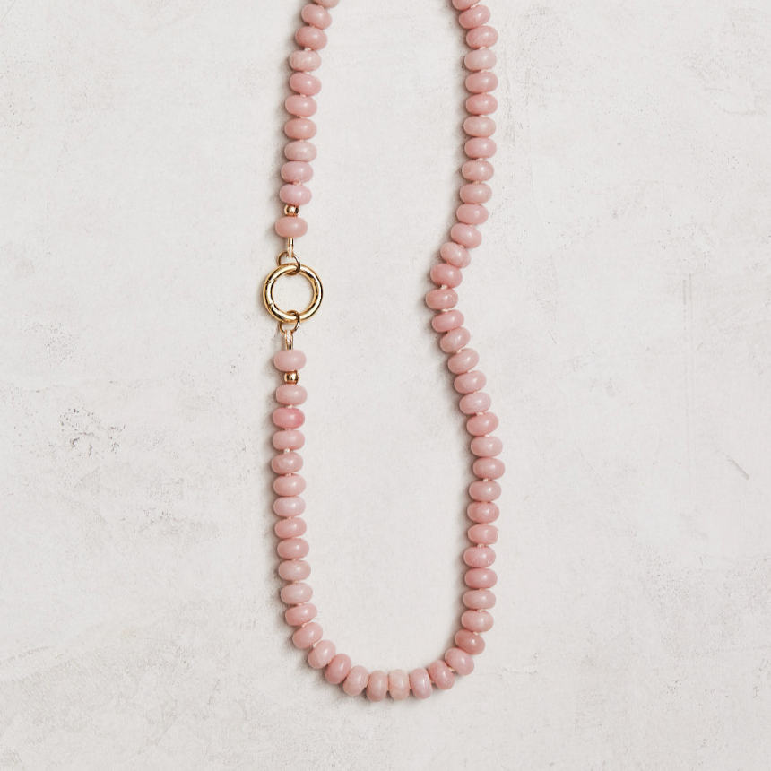 Natural pink opals hand-knotted on ivory silk with gold-filled findings and a round connector. Handmade by Nicole Gerulat.