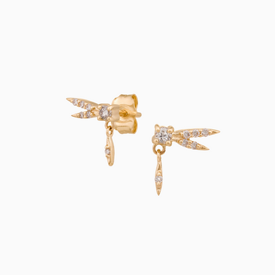 Dragonfly & Diamonds Earrings  14k light yellow gold sold as a pair earring approx 1 cm long 0.11 CTW natural diamonds