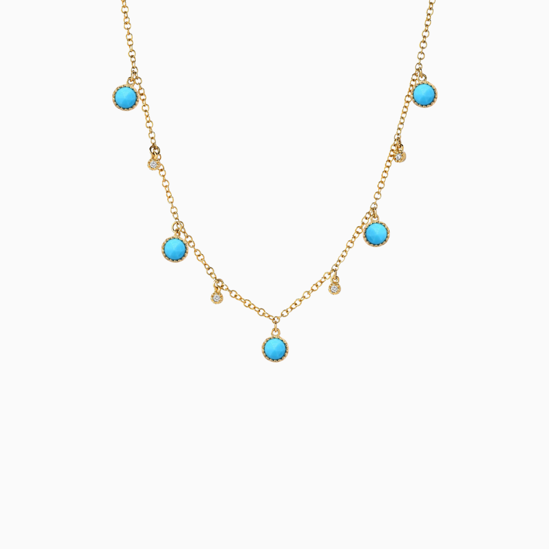 A 14k gold necklace with a pattern of alternating turquoise and diamond stones.  14k yellow gold 16" chain natural turquoise natural diamonds