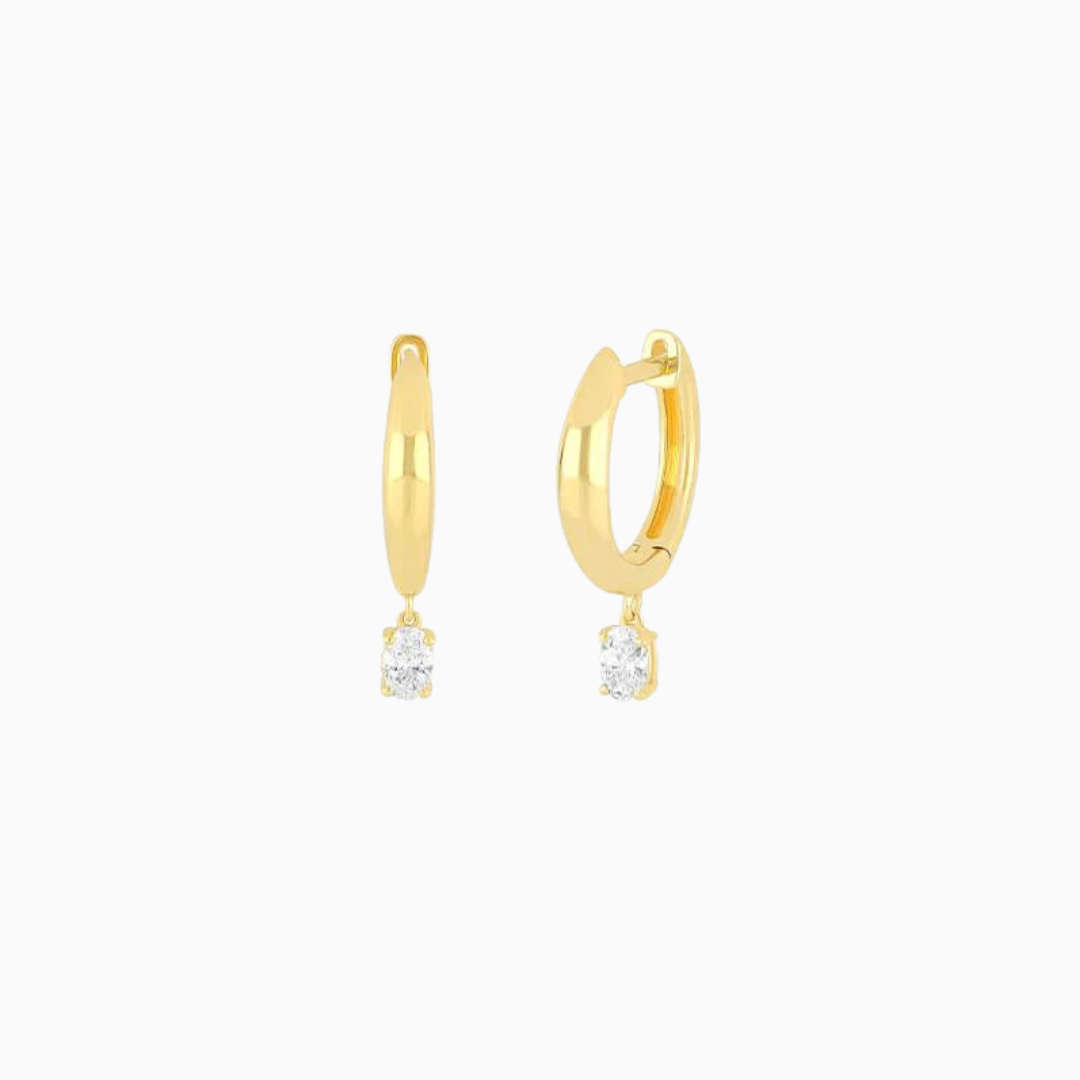 Diamond Oval Drop Gold Dome Huggie Earrings