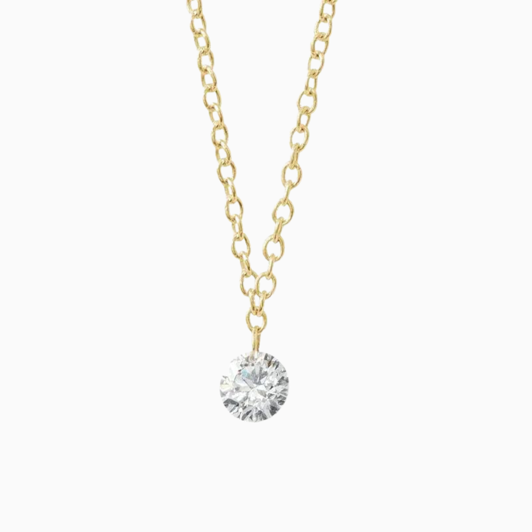 Floating Diamond Necklace 16" length 14K yellow gold chain 1/6 ct drilled natural diamond solitaire