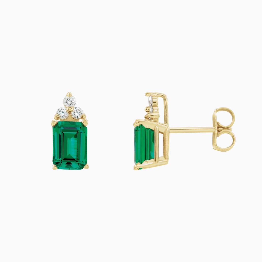 14k Yellow Gold Lab-Grown Emerald Studs with 1/8 CTW Natural Diamonds.