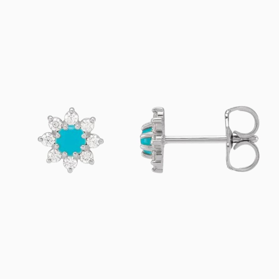 14k gold diamond & natural turquoise studs. 1/8 CTW natural diamonds. Available in yellow, white or rose gold.