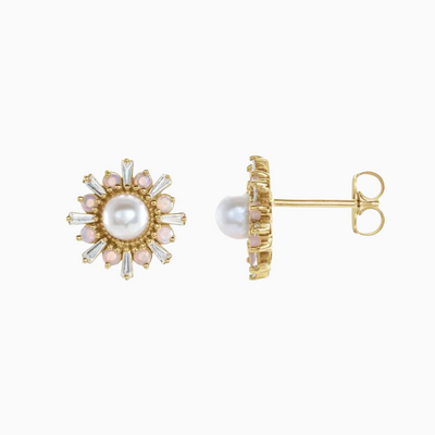 Diamonds and Opals and Pearls, Oh My! 14k Yellow Gold with White Akoya Pearls, Natural Opals and 1/6 CTW Natural Diamond Earrings. 