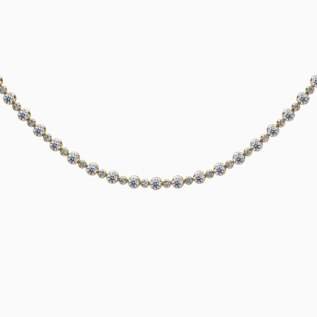 Alternating Diamonds Tennis Necklace This beautiful diamond necklace features alternating diamonds small and large throughout. The effect is spectacular and elegant. Customize your necklace by selecting type of metal, diamond quality, diamond total carat weight and length. (Contact us for different diamond carat weight.)