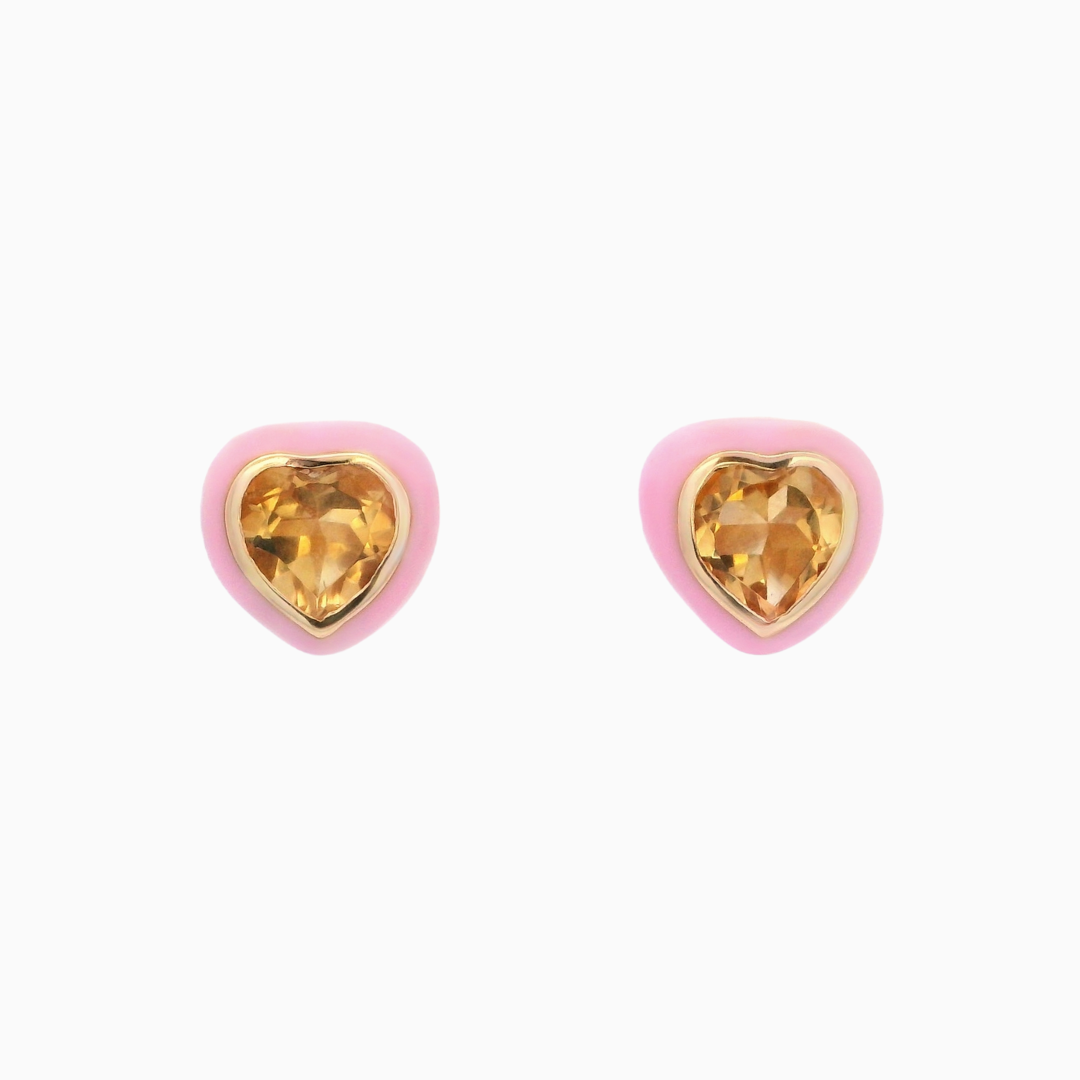 Yellow Citrine Pink Heart Enamel Studs