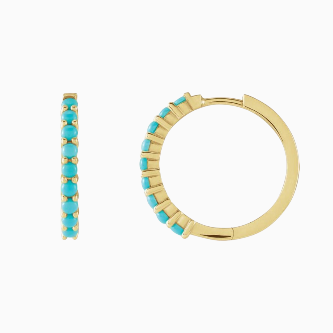 14k Large Natural Turquoise Huggies, 20mm. Available in yellow and white gold.