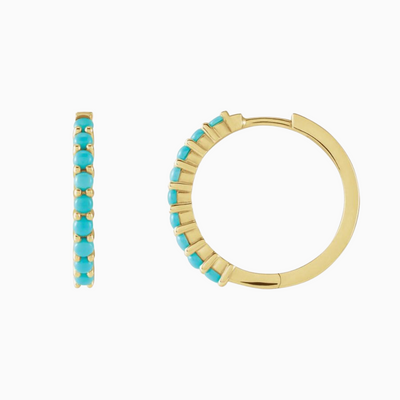 14k Large Natural Turquoise Huggies, 20mm. Available in yellow and white gold.