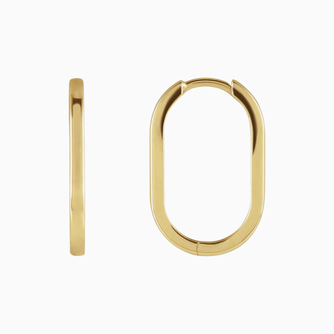 Elongated 14k gold oval huggie hoop earrings