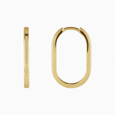 Elongated 14k gold oval huggie hoop earrings