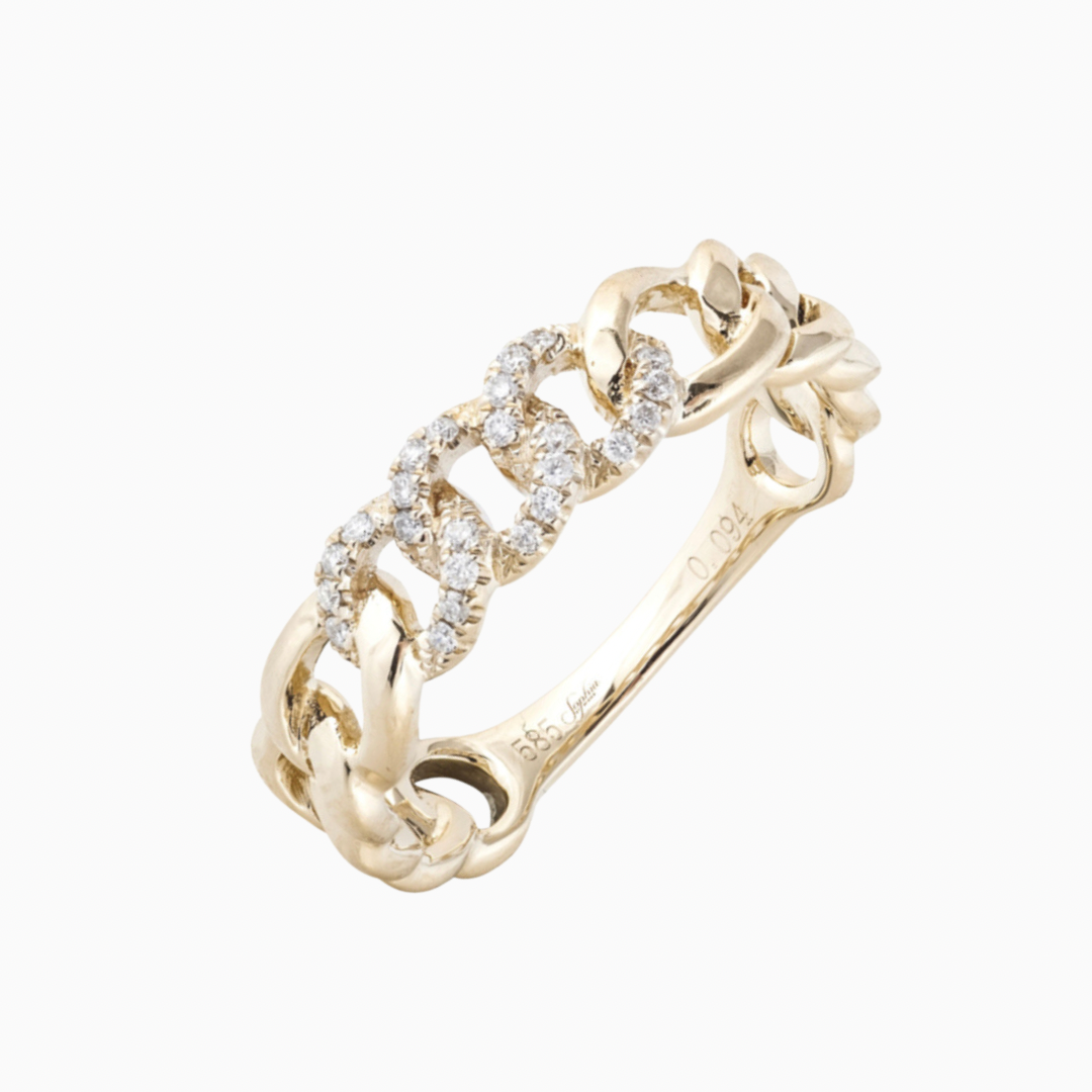 This 14k yellow gold chain ring boasts .09 CTW of genuine diamond accents.