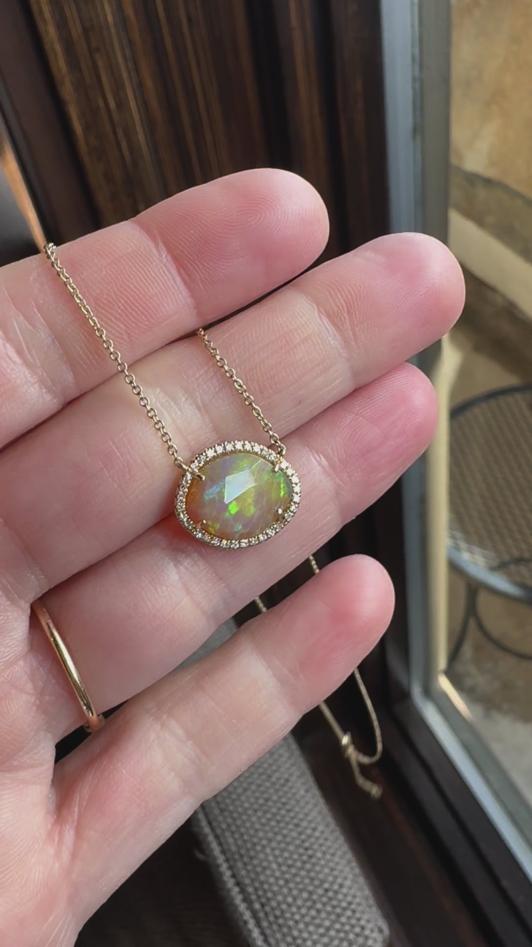 Peachy Green Opal with Diamond Halo Necklace