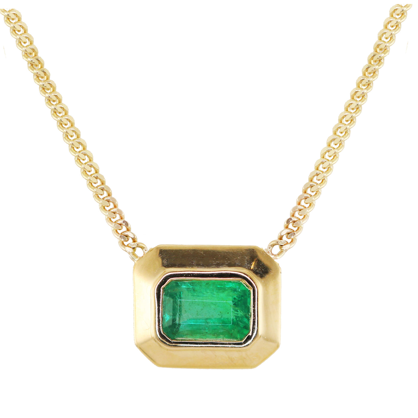 14k Gold Thick Emerald Bezel Necklace on a Flat Link Chain.  0.65 CT natural emerald -each piece will vary slightly in color and shade 16" flat link chain