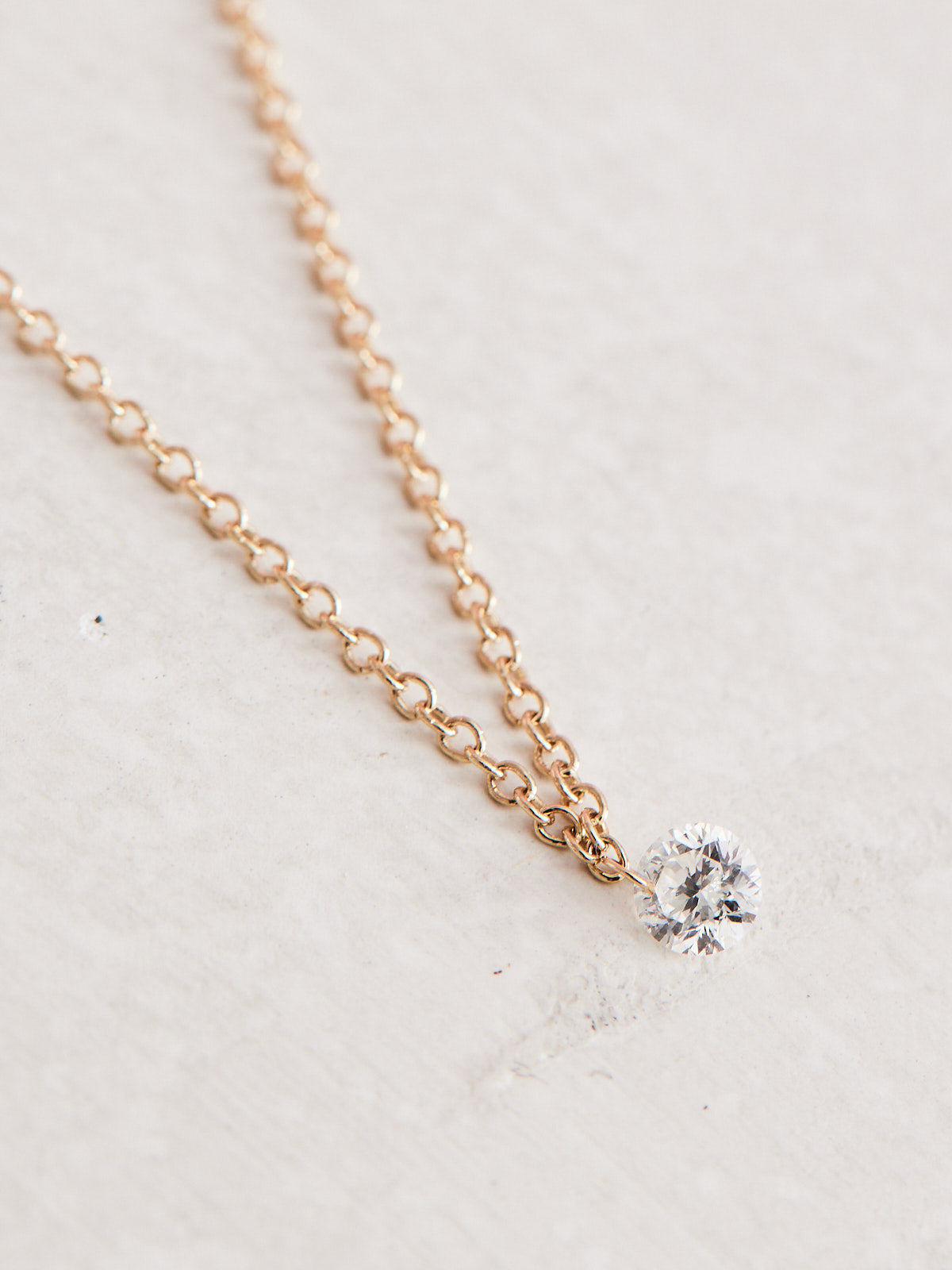 Floating Diamond Necklace 16" length 14K yellow gold chain 1/6 ct drilled natural diamond solitaire