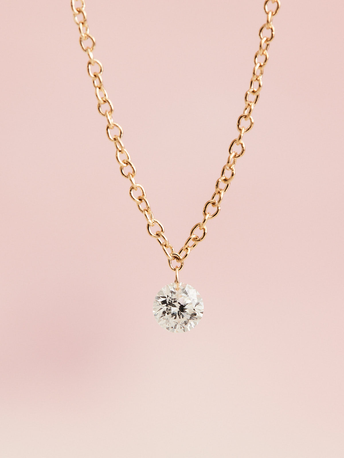 Floating Diamond Necklace 16" length 14K yellow gold chain 1/6 ct drilled natural diamond solitaire