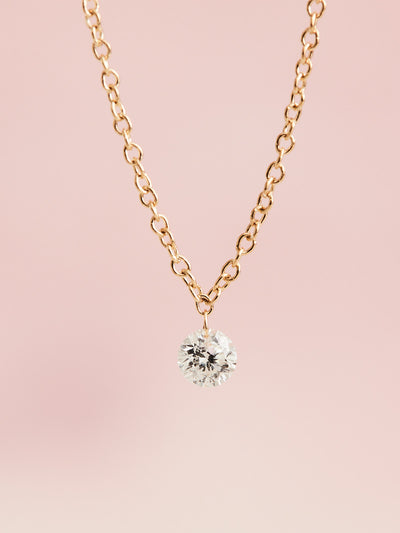 Floating Diamond Necklace 16" length 14K yellow gold chain 1/6 ct drilled natural diamond solitaire