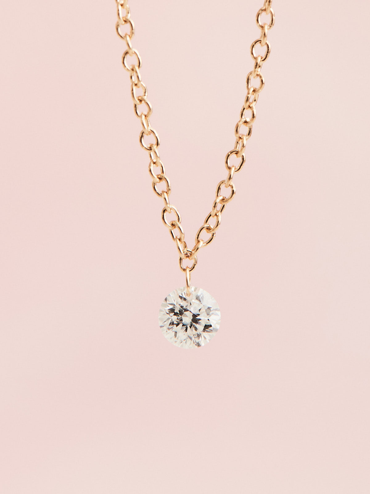 Floating Diamond Necklace 16" length 14K yellow gold chain 1/6 ct drilled natural diamond solitaire