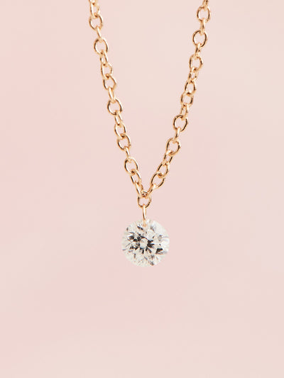 Floating Diamond Necklace 16" length 14K yellow gold chain 1/6 ct drilled natural diamond solitaire