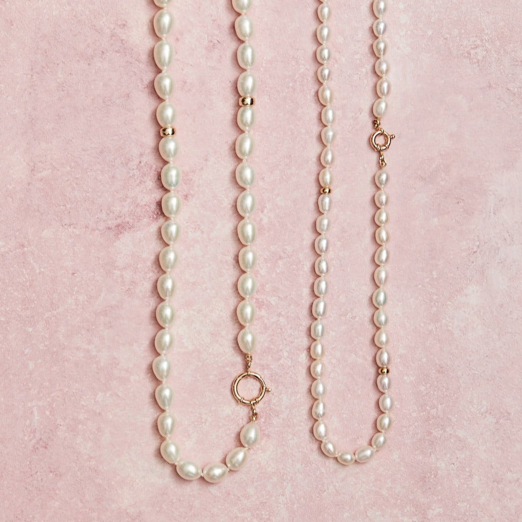 (Left) Large: 17" large freshwater pearl necklace with 14kt gold beads and sailor clasp.