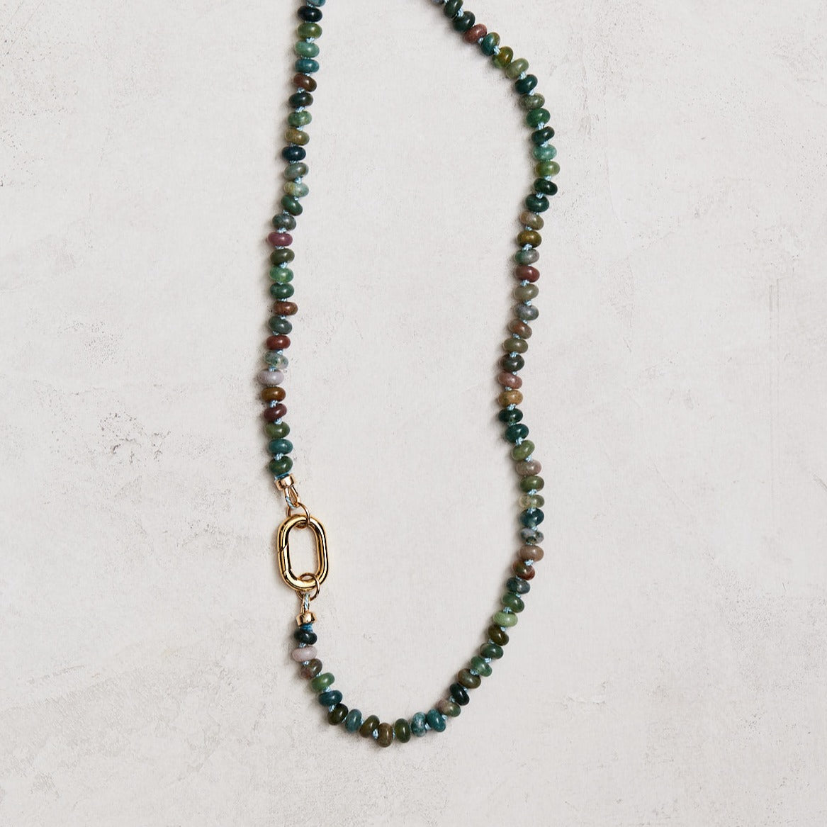 18" natural Indian agate hand-knotted on silk with gold fill findings and connector. Handmade by Nicole Gerulat.