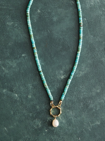 16" natural turquoise & freshwater pearl necklace, gf findings and connector.  Handmade by Nicole Gerulat.  Turquoise Properties: balances mood, heals heartache, validates