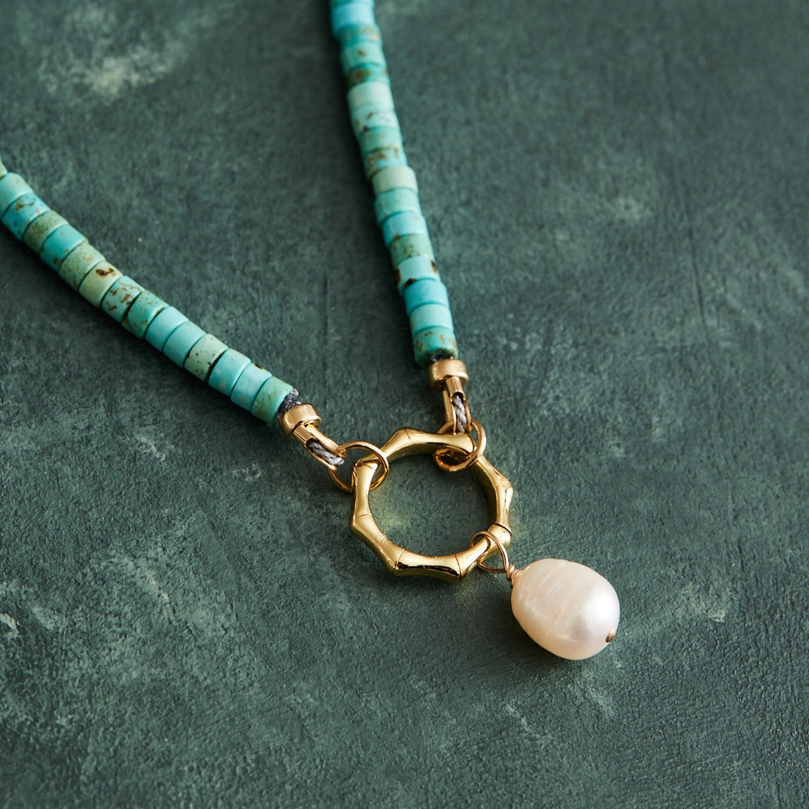 16" natural turquoise & freshwater pearl necklace, gf findings and connector.  Handmade by Nicole Gerulat.  Turquoise Properties: balances mood, heals heartache, validates