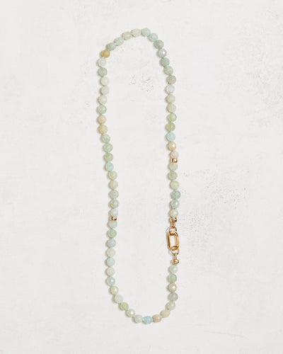 18" natural greenish blue aquamarine necklace, hand-knotted on hand-dyed silk, with gold-filled findings and elongated clasp. Handmade by Nicole Gerulat.