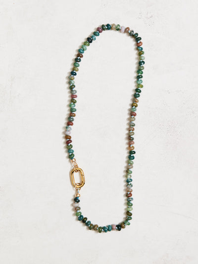 18" natural Indian agate hand-knotted on silk with gold fill findings and connector. Handmade by Nicole Gerulat.